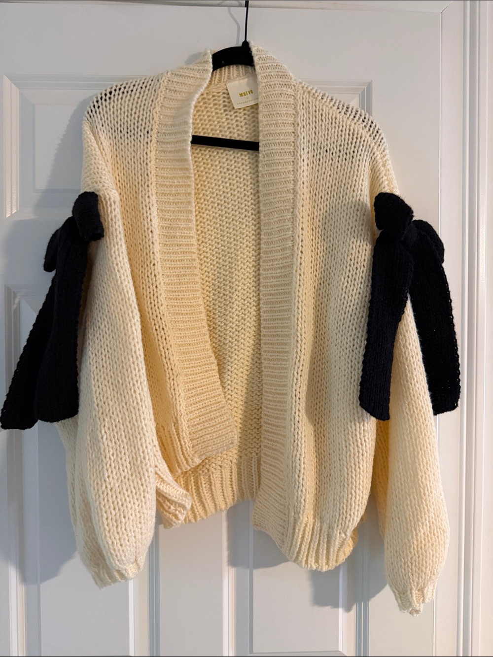 Maeve Cream Open Knit Cardigan with Black Sleeve Bows NWOT
